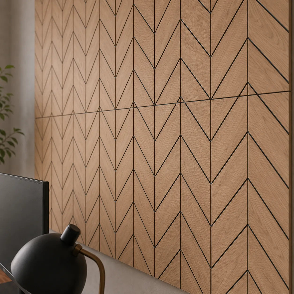 Close-up of oak-effect GrooveCraft milled MDF acoustic wall panels with precise chevron grooves, black recessed lines and natural wood texture