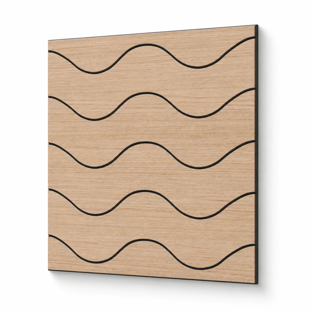 Angled product view of a square oak veneer acoustic wall panel with repeating horizontal wave grooves