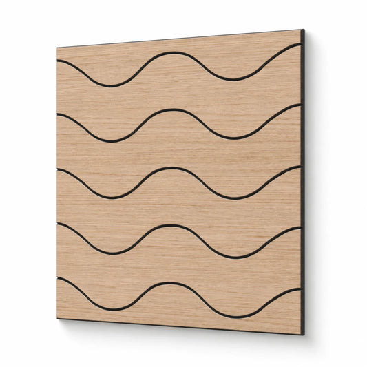 Angled product view of a square oak veneer acoustic wall panel with repeating horizontal wave grooves