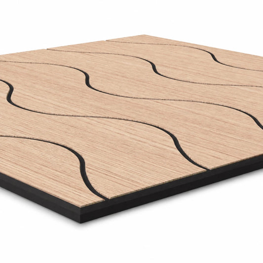 Close-up perspective of an oak veneer acoustic wall panel with raised wave-shaped sections on a black MDF base