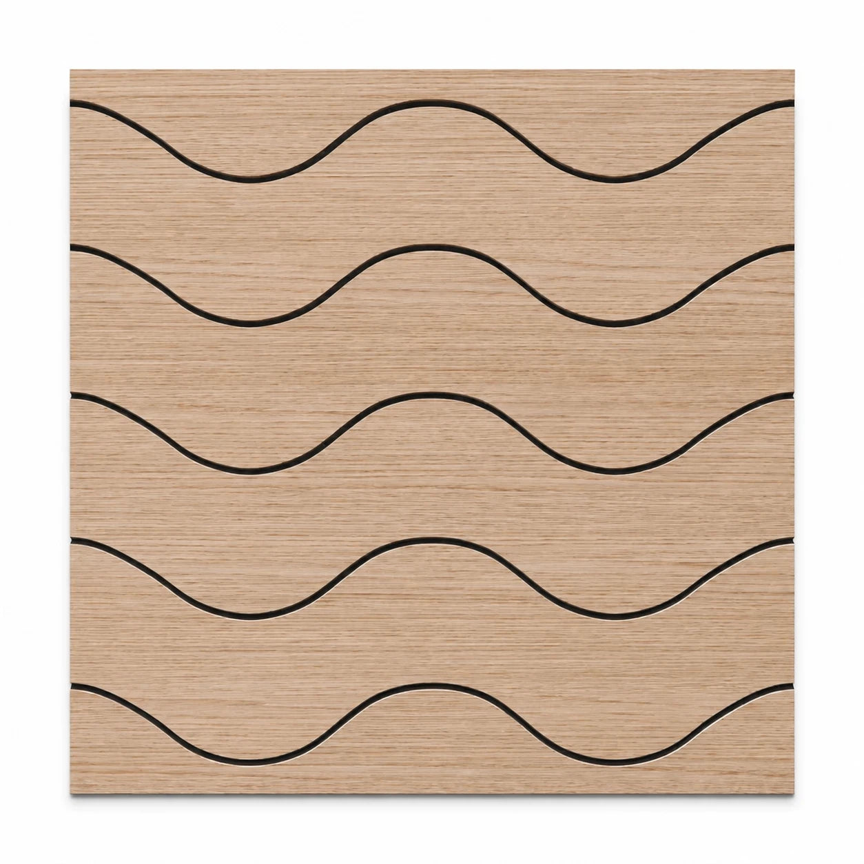 Front view of a square oak veneer acoustic wall panel with five horizontal wave-shaped black grooves