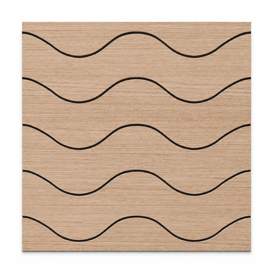 Front view of a square oak veneer acoustic wall panel with five horizontal wave-shaped black grooves