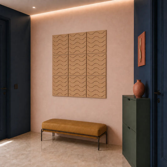 Modern hallway with navy walls, a mustard bench and oak-effect GrooveCraft milled MDF acoustic wall panels featuring a repeating wave pattern