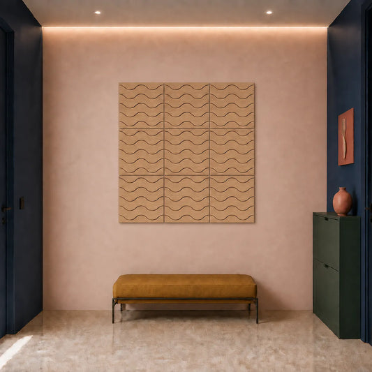 Front view of a contemporary hallway with a mustard bench and geometric oak-effect GrooveCraft milled MDF acoustic wall panels with horizontal wave grooves