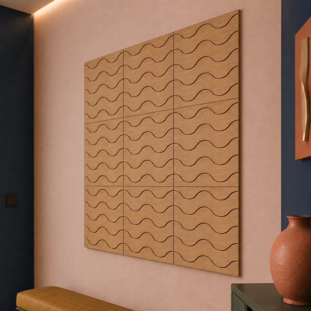 Close-up angled view of oak-effect GrooveCraft milled MDF acoustic wall panels with continuous wave-shaped grooves and natural wood texture