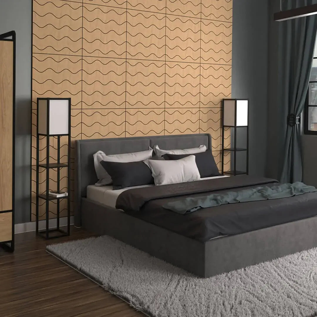 Modern GrooveCraft Milled Acoustic Wall Panels MDF – Model 8 in bedroom interior Decormania EU