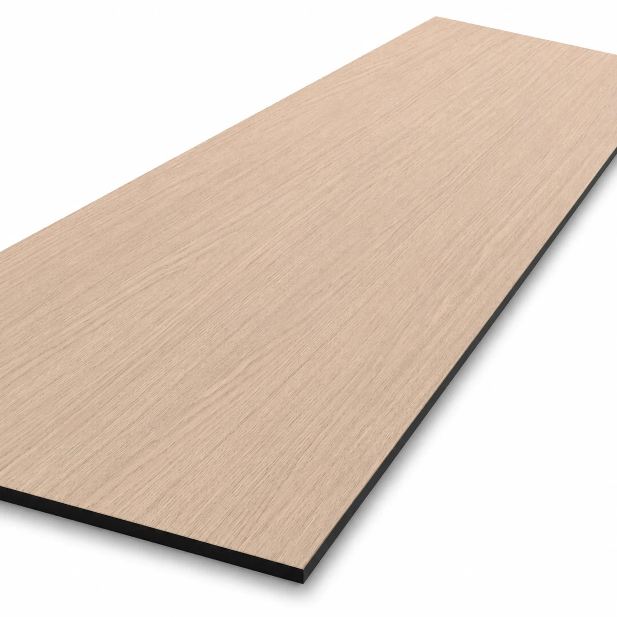 Close-up perspective view of a light oak veneered MDF wall panel with black edges and a soft shadow on a white background