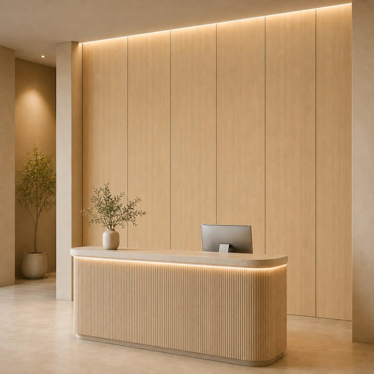 Smooth oak veneer MDF wall panels behind a softly lit massage studio reception desk, viewed from the right