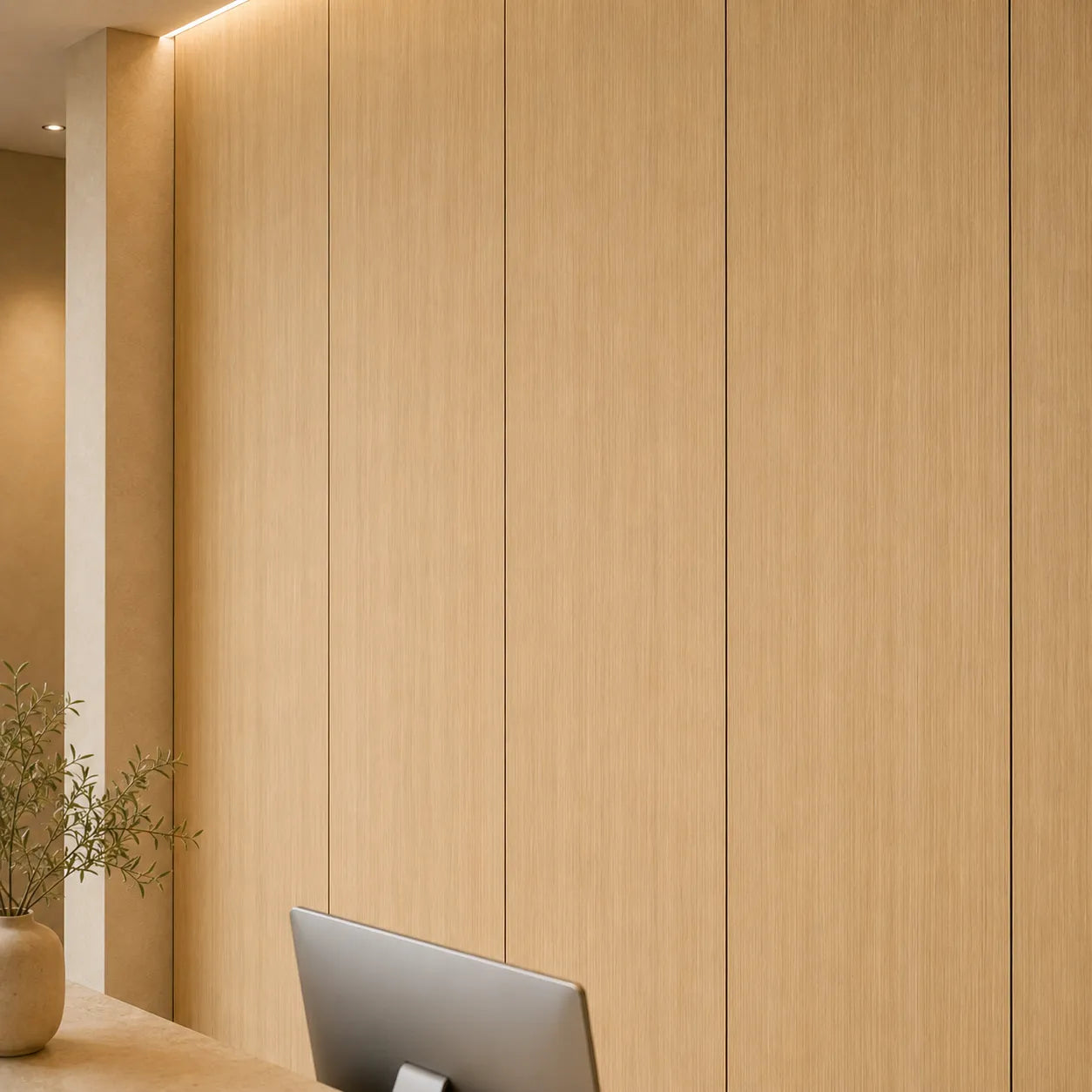 Close-up of smooth oak veneer MDF wall panels with vertical grain in a warm massage studio reception