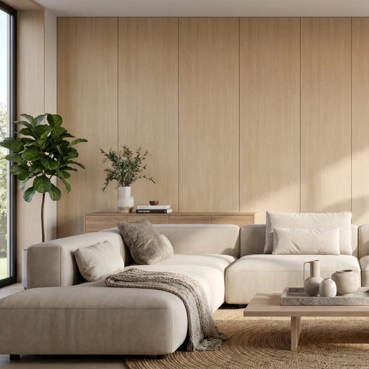 Modern living room with a feature wall covered in tall light oak veneered MDF panels, a cream sectional sofa and natural decor