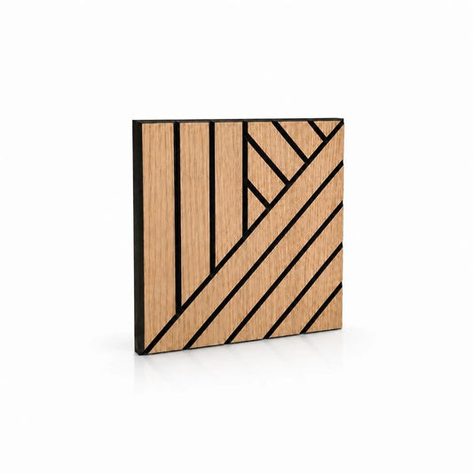 GrooveCraft milled acoustic wall panel sample in natural oak with black geometric grooves, angled product view