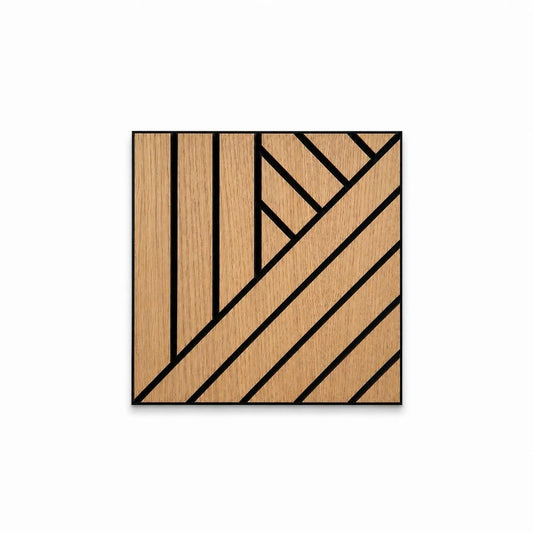GrooveCraft milled acoustic wall panel sample in natural oak with black geometric grooves, front view