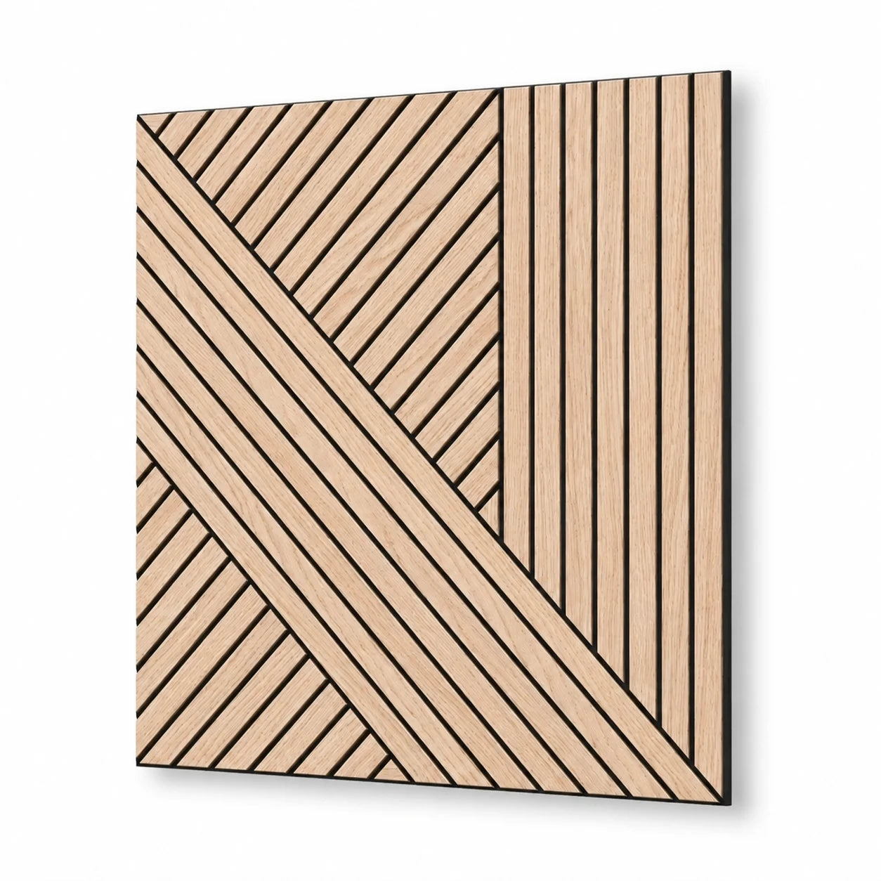 Square light oak acoustic MDF wall panel with geometric diagonal and vertical grooves, shown with a soft shadow on a white background