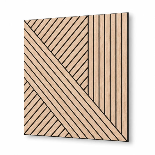 Square light oak acoustic MDF wall panel with geometric diagonal and vertical grooves, shown with a soft shadow on a white background