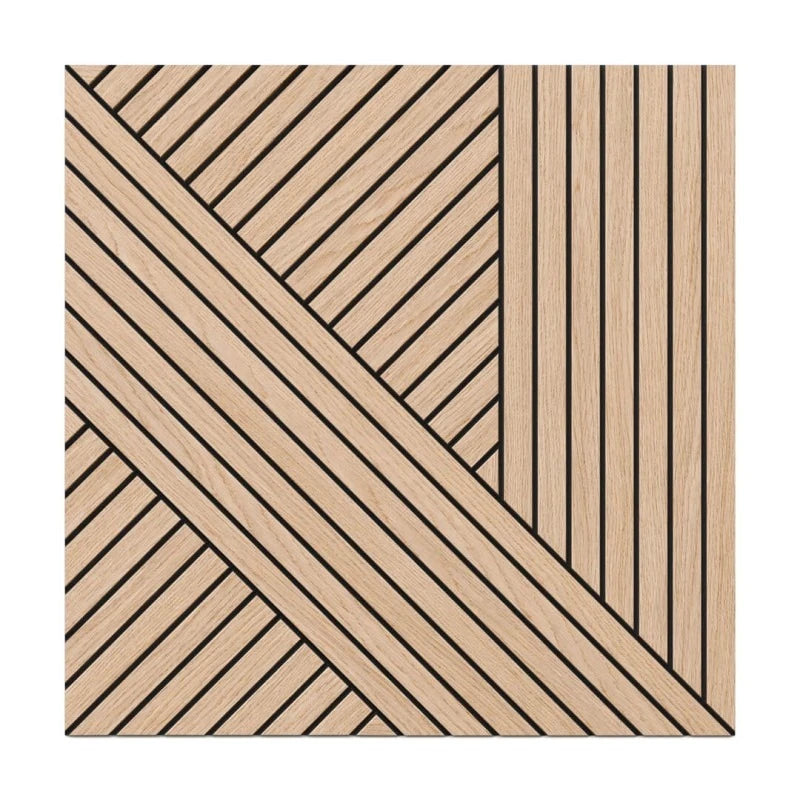 Front view of a square light oak acoustic MDF wall panel featuring a geometric pattern of diagonal and vertical black grooves