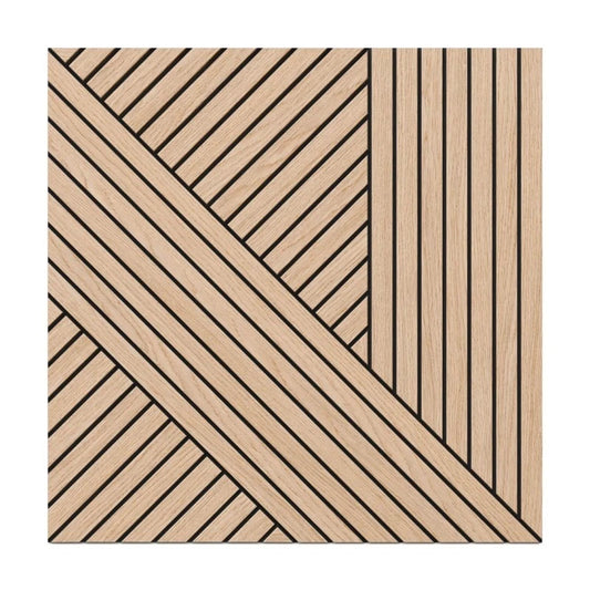 Front view of a square light oak acoustic MDF wall panel featuring a geometric pattern of diagonal and vertical black grooves