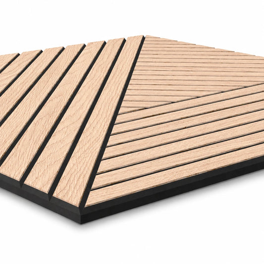Close-up perspective view of a geometric light oak acoustic MDF panel with black grooves and a layered black core