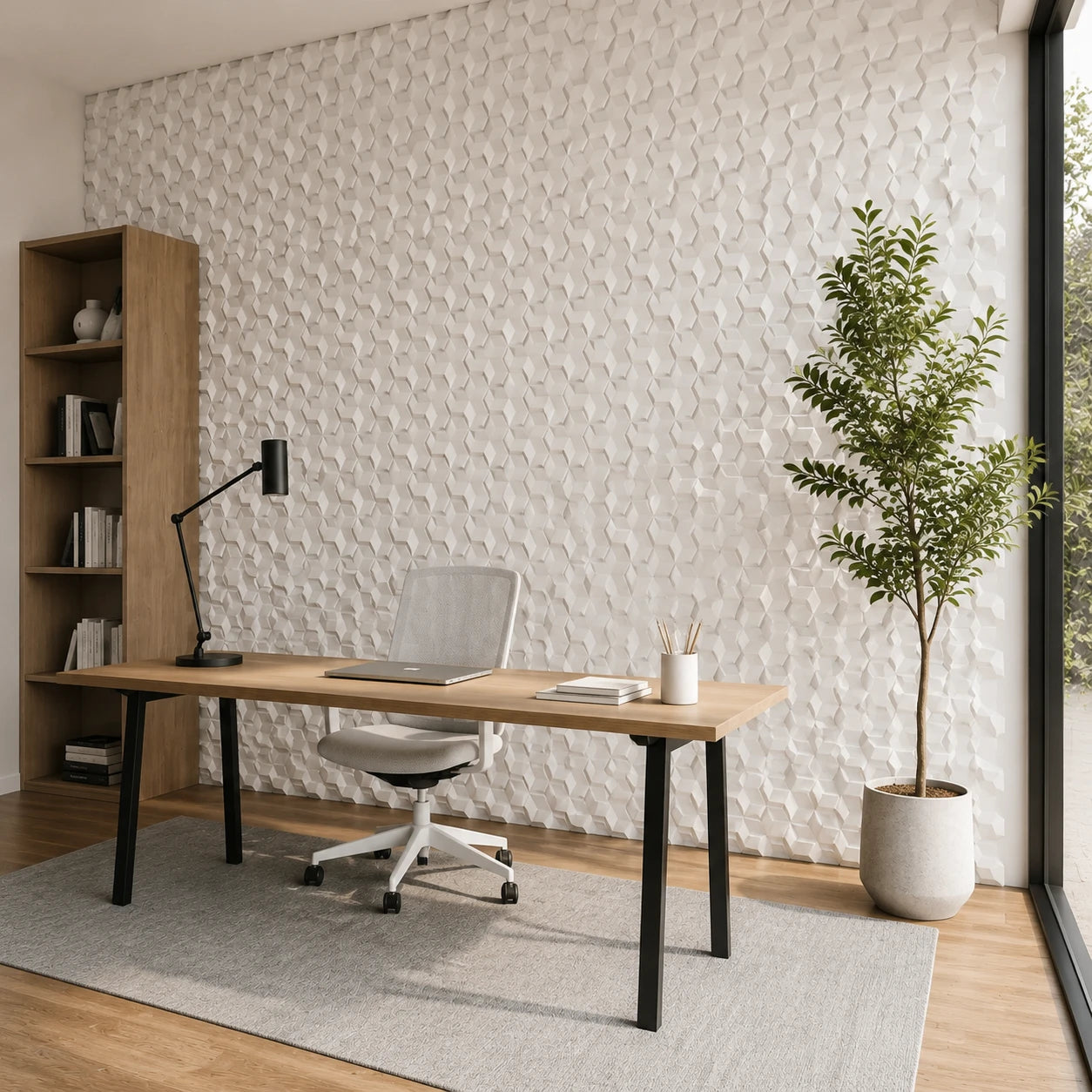 Angled view of a modern home office featuring a floor-to-ceiling wall of white 3D polystyrene panels with a faceted hexagonal pattern