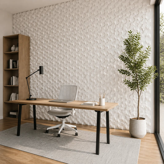 Angled view of a modern home office featuring a floor-to-ceiling wall of white 3D polystyrene panels with a faceted hexagonal pattern