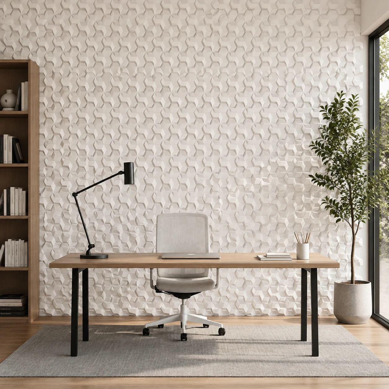 Front view of a minimalist home office with a wooden desk, black task lamp, indoor tree, and white geometric 3D polystyrene wall panels