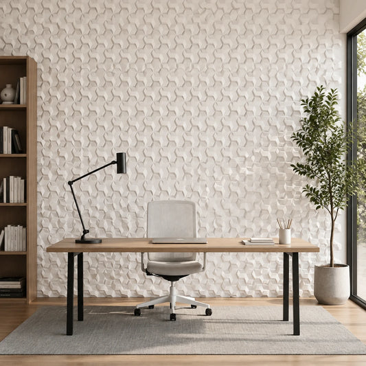 Front view of a minimalist home office with a wooden desk, black task lamp, indoor tree, and white geometric 3D polystyrene wall panels