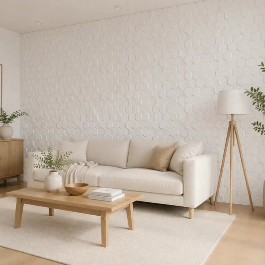Angled view of a neutral Scandinavian living room with a beige sofa, wooden furniture, and white hexagonal 3D polystyrene wall panels