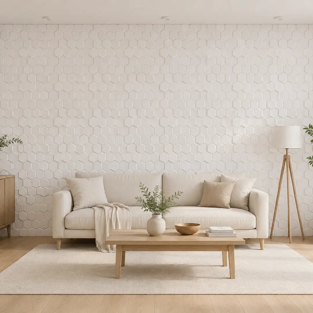 Front view of a bright Scandinavian living room featuring a floor-to-ceiling wall of white 3D polystyrene panels with a raised hexagonal pattern