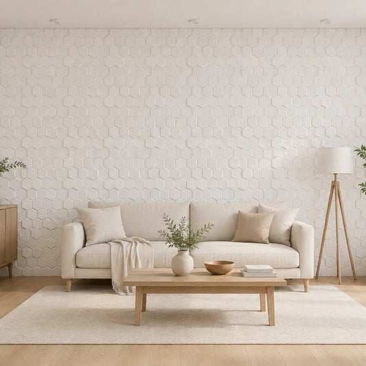 Front view of a bright Scandinavian living room featuring a floor-to-ceiling wall of white 3D polystyrene panels with a raised hexagonal pattern
