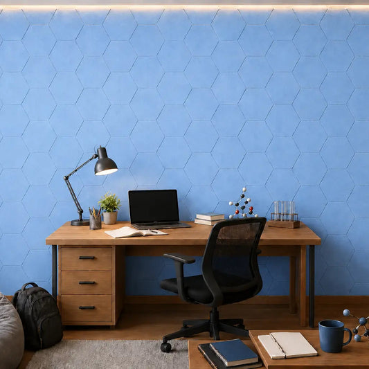Blue HEXA 3D PET felt wall panel with a geometric hexagonal shape front view