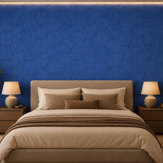 Dark blue HEXA 3D PET felt wall panel with a geometric hexagonal shape frontal view