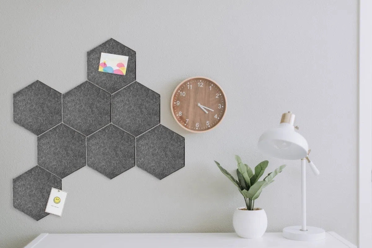 HEXA Acoustic 3D Felt PET Wall Panels DARK GREY set in white colour interior DecorMania.eu