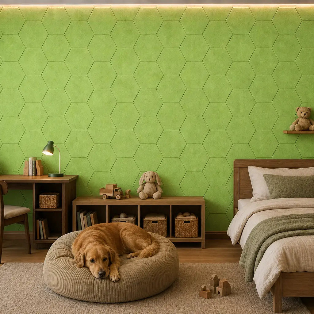 Green HEXA 3D felt PET wall panels in a cosy child’s bedroom with a wooden bed, study desk, storage unit and dog bed front view
