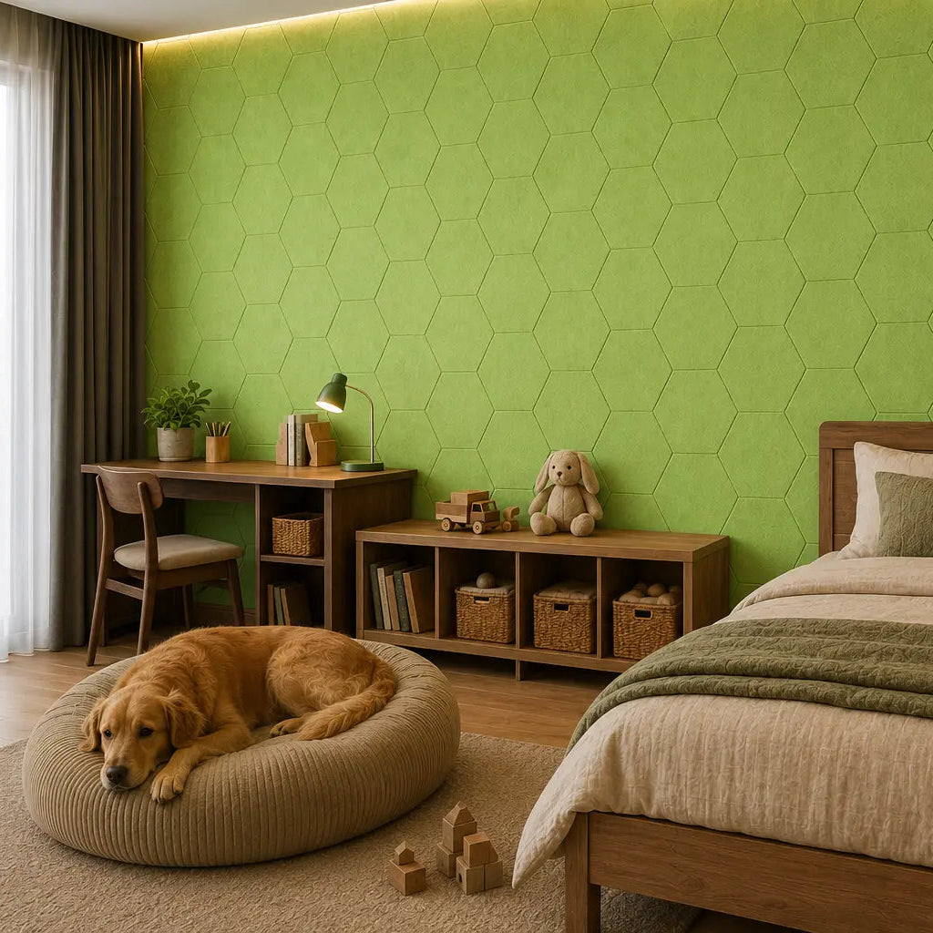 Green HEXA 3D felt PET wall panels in a cosy child’s bedroom with a wooden bed, study desk, storage unit and dog bed side view