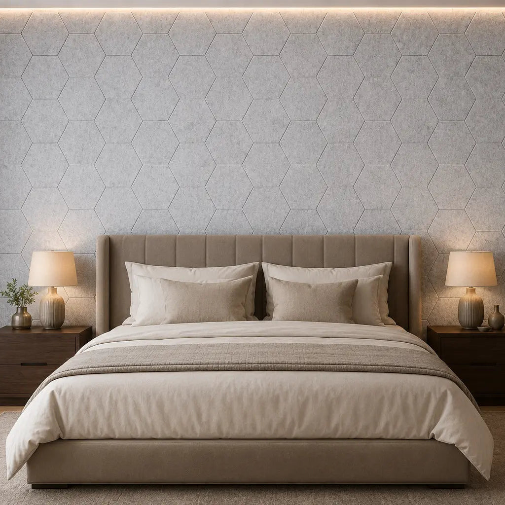 Grey HEXA 3D felt PET wall panels in a contemporary bedroom with a large upholstered bed, wooden furniture and warm bedside lighting front view