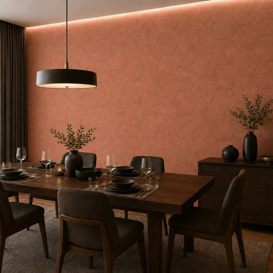 Orange HEXA 3D felt PET wall panels in an elegant dining room with a dark wooden table, upholstered chairs and pendant lighting side view