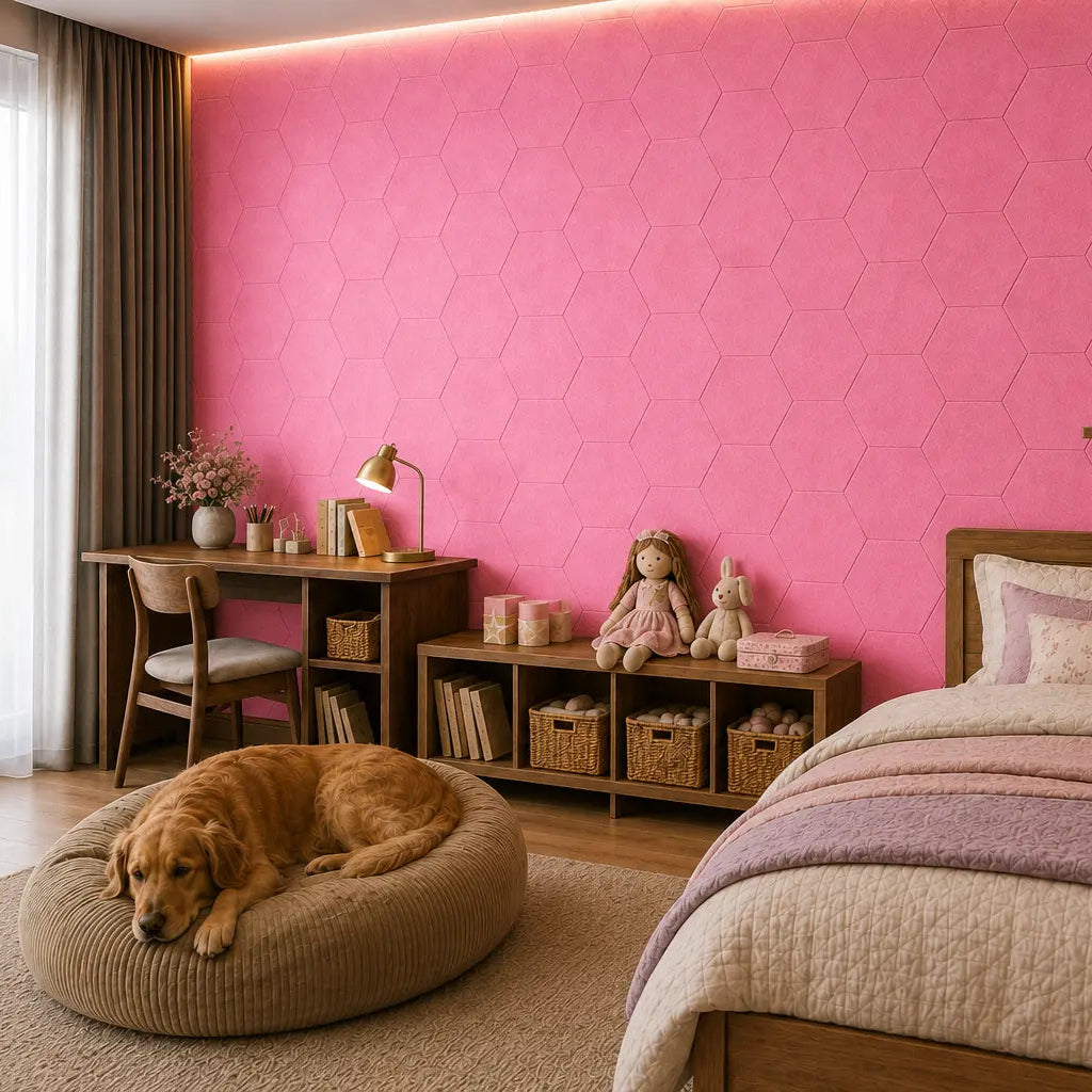 Pink HEXA 3D felt PET wall panels in a cosy child’s bedroom with a wooden bed, study desk, storage unit and dog bed side view