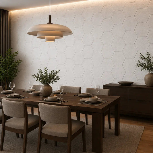 White HEXA 3D felt PET wall panels in an elegant dining room with a dark wooden table, upholstered chairs and modern pendant lighting side view