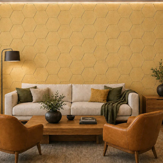 Yellow HEXA 3D felt PET wall panels in a stylish living room with a cream sofa, leather armchairs and warm wooden furniture front view