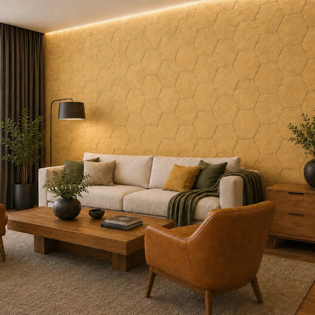 Yellow HEXA 3D felt PET wall panels in a stylish living room with a cream sofa, leather armchairs and warm wooden furniture side view