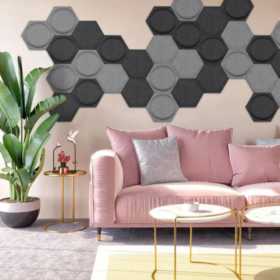 HEXA BOLD 2 Acoustic 3D Felt Wall Panels in living room interior BLACK DecorMania.eu