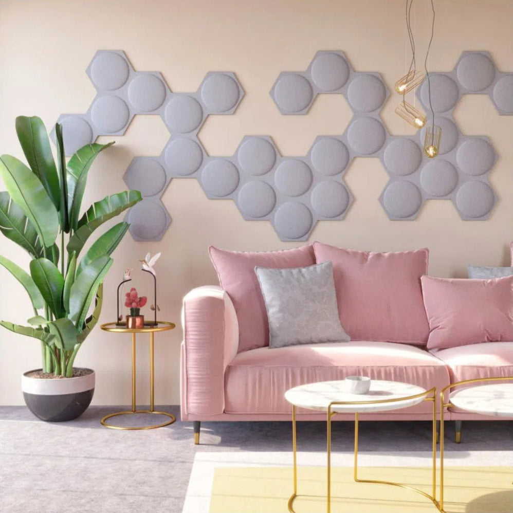 HEXA BOLD 2 Acoustic 3D Felt Wall Panels grey variant in living room interior DecorMania.eu