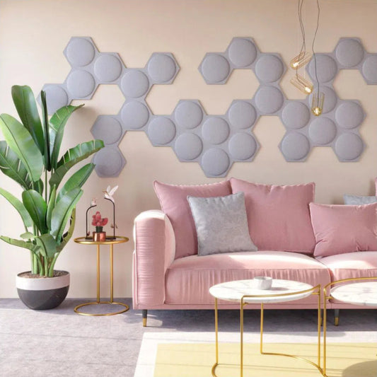 HEXA BOLD 2 Acoustic 3D Felt Wall Panels grey variant in living room interior DecorMania.eu
