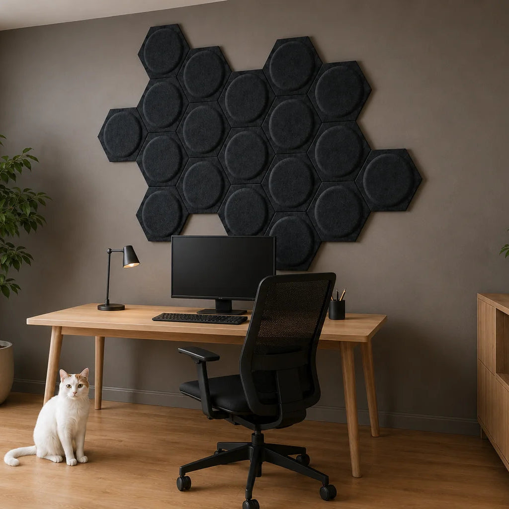Angled view of black hexagonal 3D felt acoustic panels in a home office with wooden furniture and a white cat