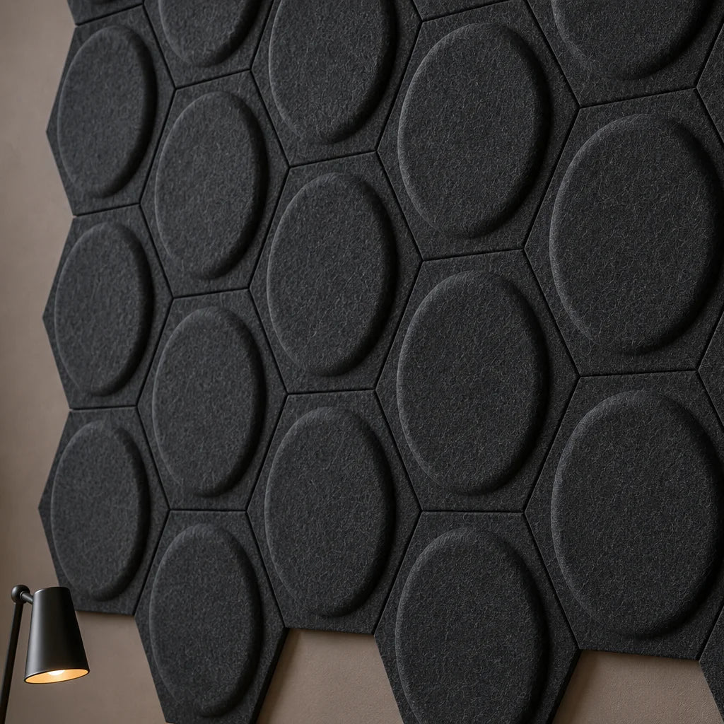 Close-up of black hexagonal felt acoustic panels showing raised circular relief, panel joints and fibrous texture.