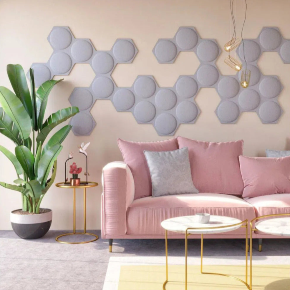 HEXA BOLD 2 Acoustic 3D Felt Wall Panels living room interior accent wall GREY DecorMania.eu