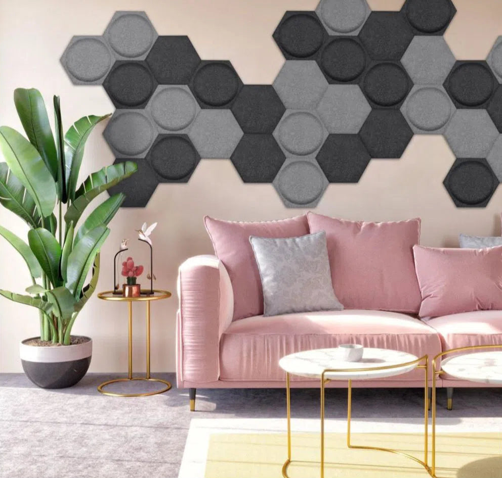 HEXA BOLD 2 Acoustic 3D Felt Wall Panels accent wall combination GREY DecorMania.eu