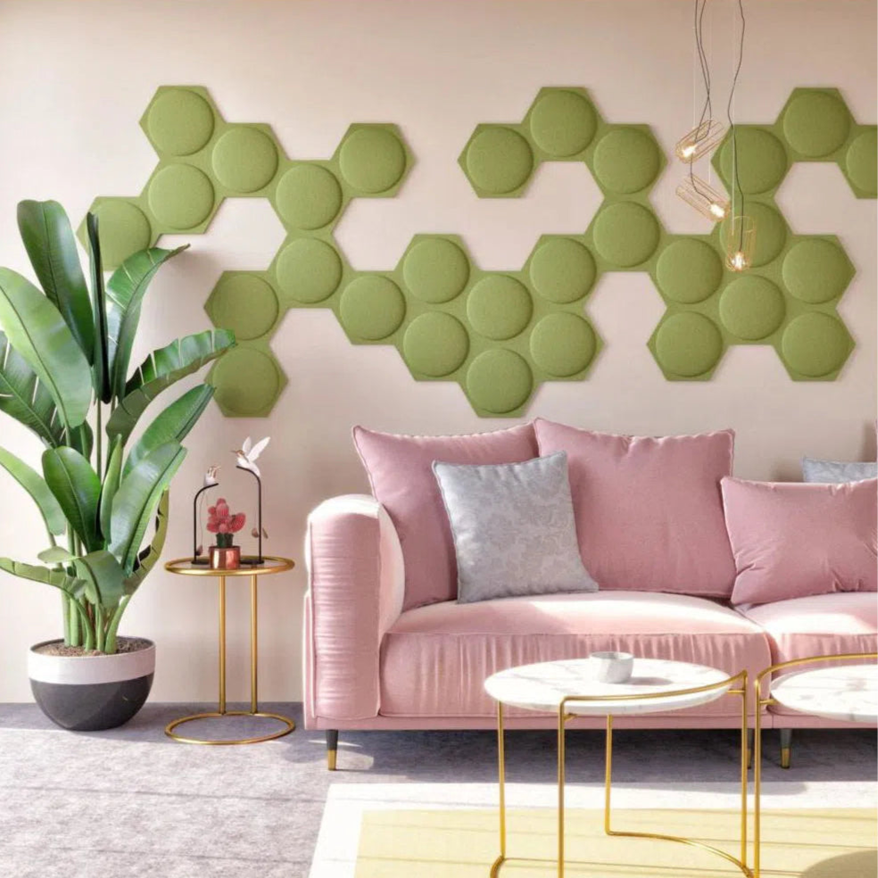HEXA BOLD 2 Acoustic 3D Felt Wall Panels OLIVE in living room interior DecorMania.eu
