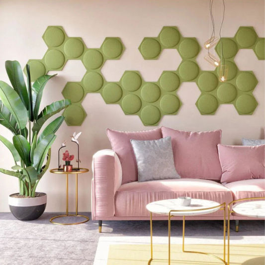 HEXA BOLD 2 Acoustic 3D Felt Wall Panels OLIVE in living room interior DecorMania.eu