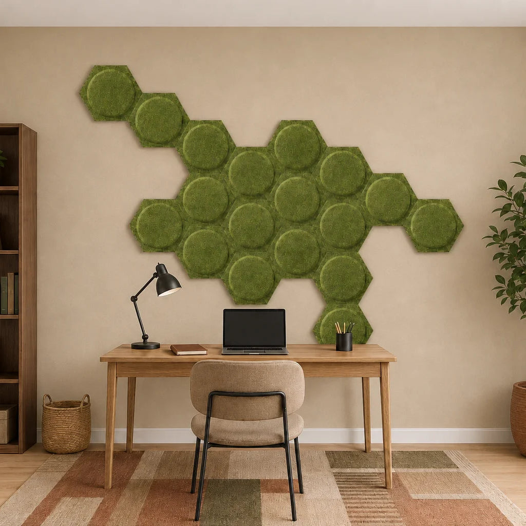 Olive hexagonal 3D felt acoustic panels arranged in an irregular pattern above a wooden home office desk.