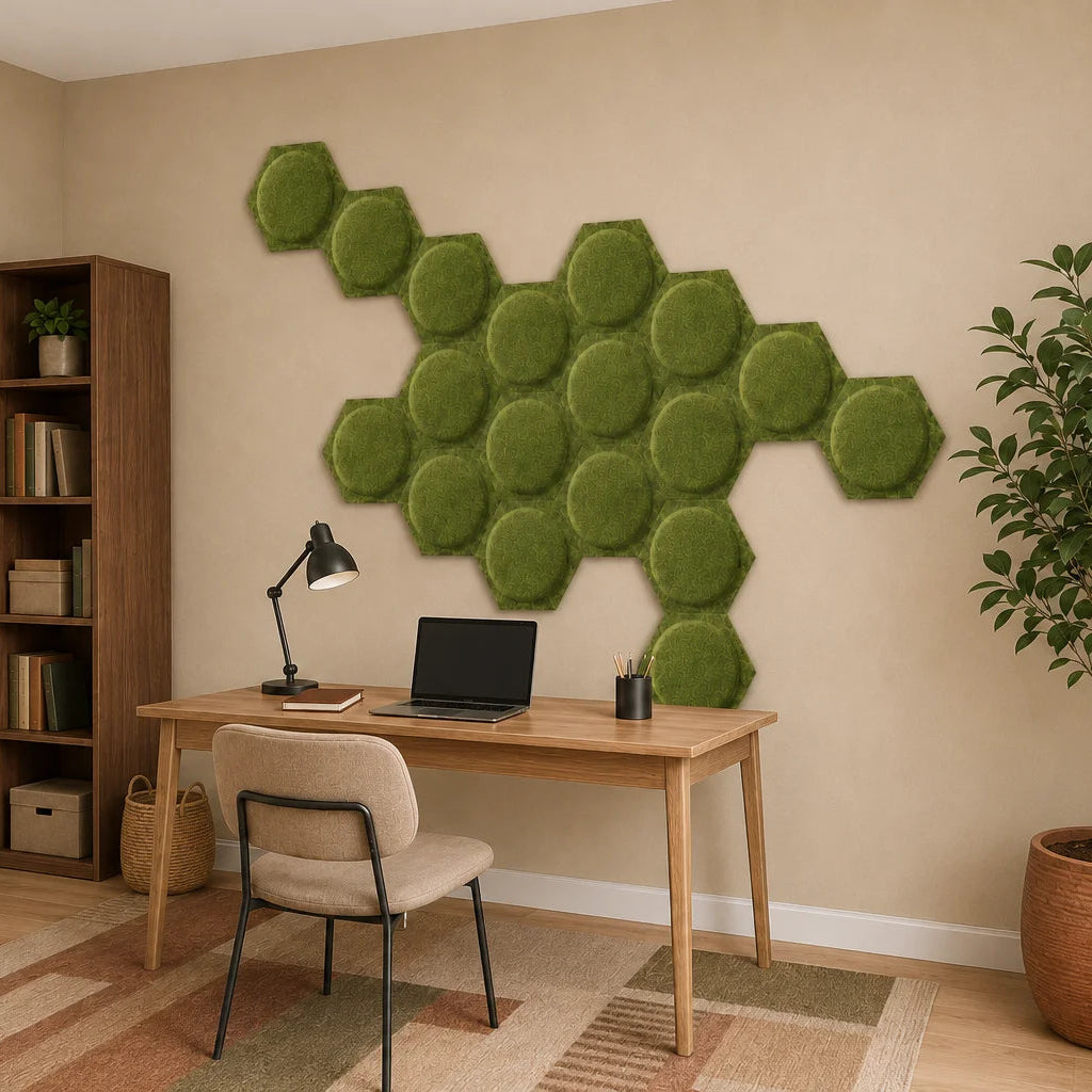 Angled view of olive hexagonal 3D acoustic panels in a warm home office with wooden furniture and plants